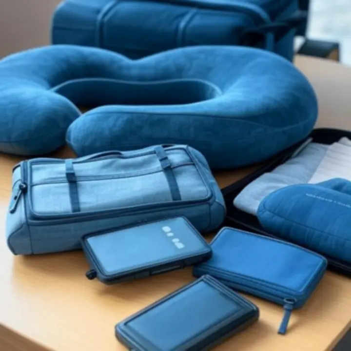 Starannie ułożona kolekcja akcesoriów podróżnych: organizery, kłódki i elektronika na tle walizki