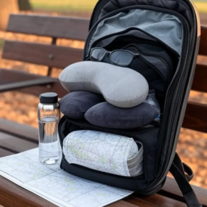 Zdjęcia klientów prezentujące używane w podróży akcesoria: organizery, kłódki, elektronikę i poduszki podróżne