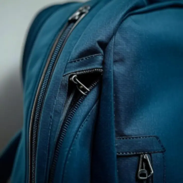 Zbliżenie na materiały i zamki w plecaku podróżnym