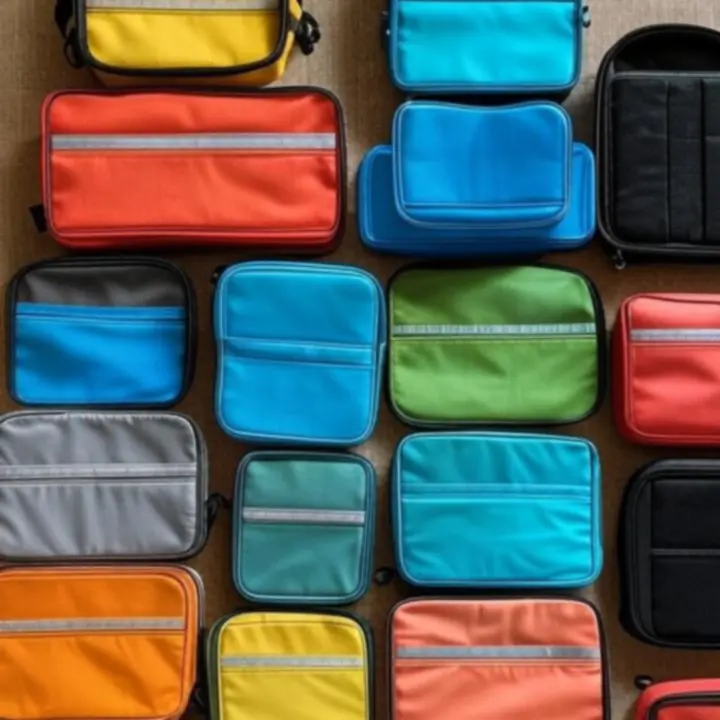 Płasko ułożone bestsellery organizerów podróżnych na jasnym tle