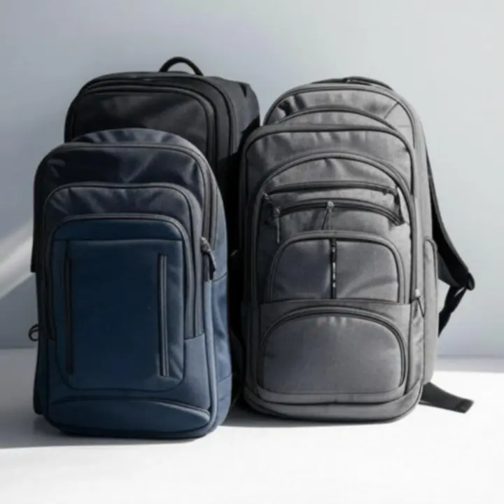 Kolekcja nowoczesnych plecaków podróżnych ustawionych obok siebie