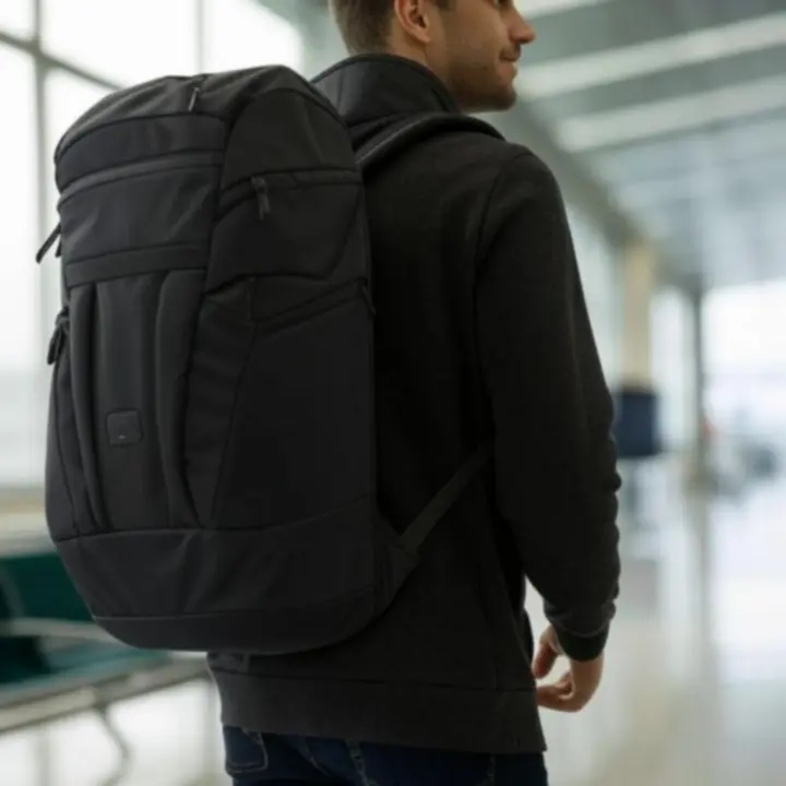 Podróżnik z plecakiem na tle nowoczesnego lotniska