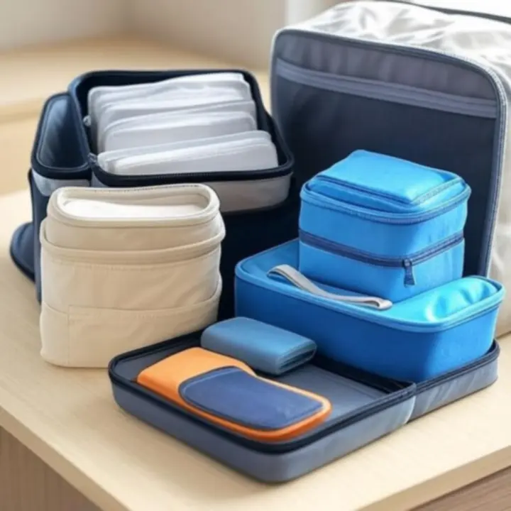 Zestawy organizerów podróżnych ułożone w kolekcji zestawów