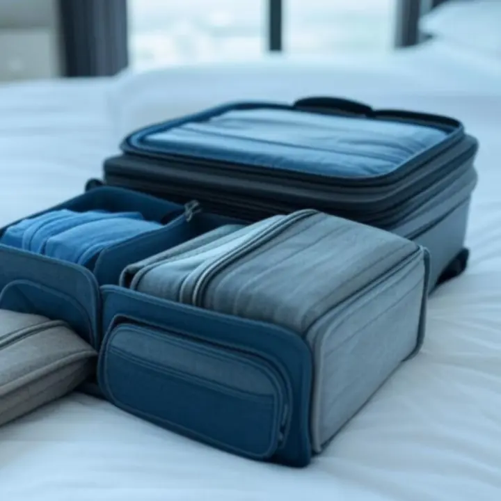 Nowoczesne organizery podróżne ułożone w walizce gotowej do podróży