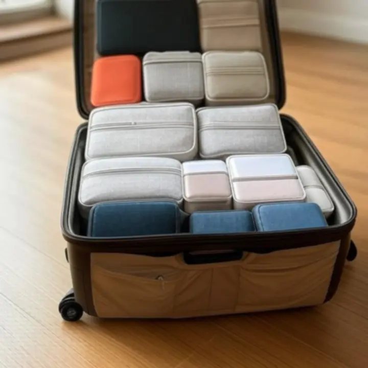 Walizka z uporządkowanymi organizerami w trakcie pakowania przed podróżą