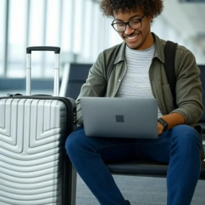 Zadowolony podróżnik z walizką OHARA MEDIA SPÓŁKA na lotnisku