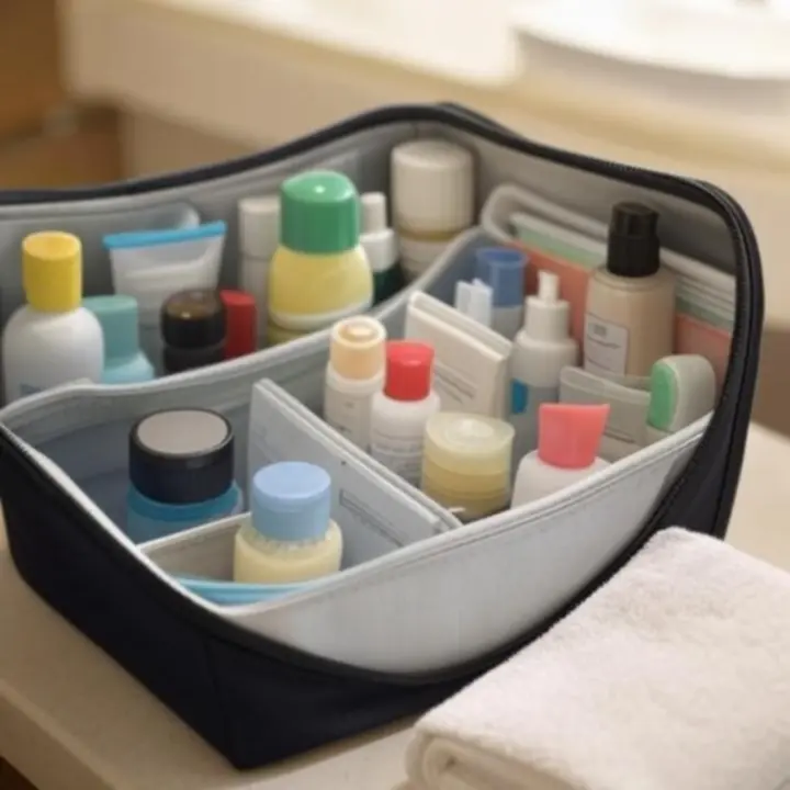 Kosmetyczki podróżne i etui na akcesoria rozłożone w hotelowej łazience