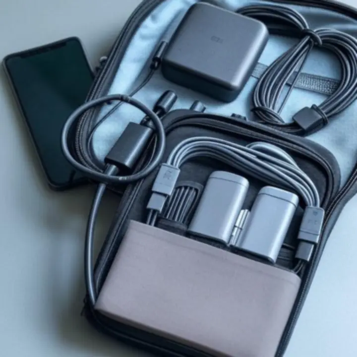 Zestaw podróżnej elektroniki: powerbank, adapter podróżny i organizer na kable obok plecaka